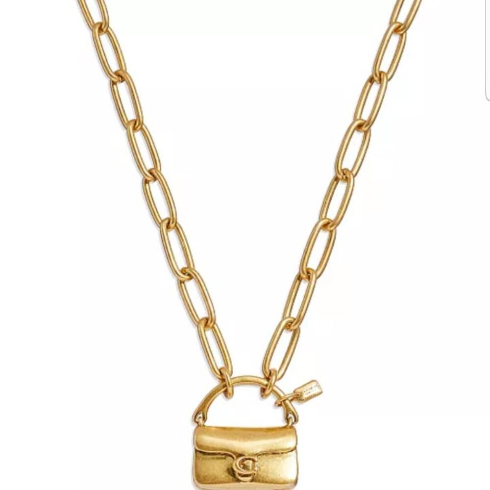 NWT Coach Mini Tabby Handbag Charm Brass Tone Pendant Paperclip Chain Necklace - Picture 2 of 7